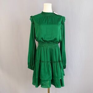 Joy Joy Elegant Rich Emerald Green Long Sleeve Dress With Soft, Pleated Fabric